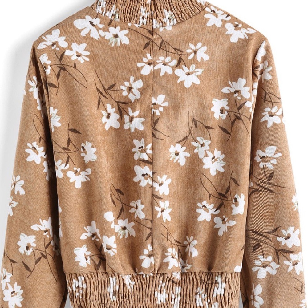 Creme/Tan Stand Collar Floral Crop Blouse - Picture 2 of 8